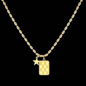 Gold Checker Charm Necklace – Paperclip Chain with Star Pendant, Trendy Jewelry